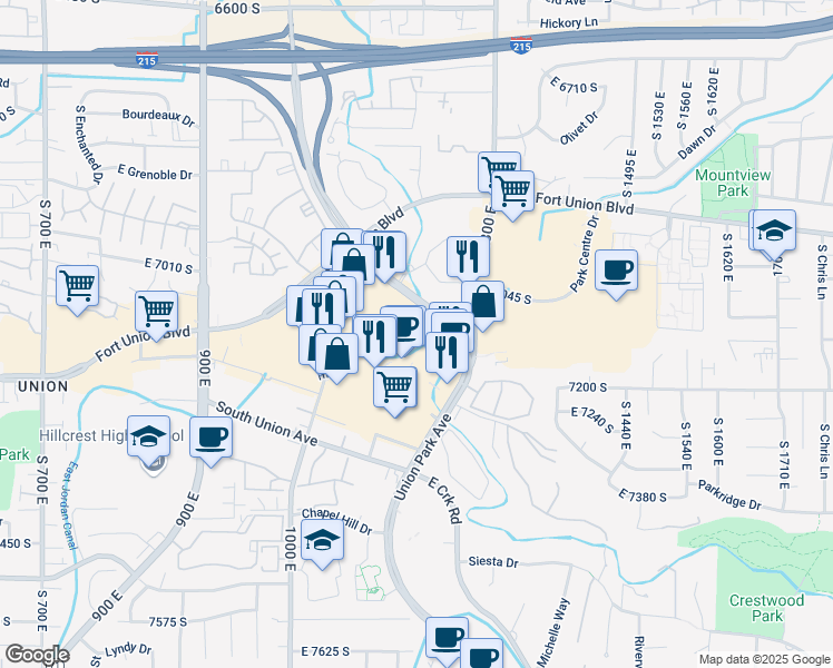 map of restaurants, bars, coffee shops, grocery stores, and more near 7050 Union Park Center in Midvale