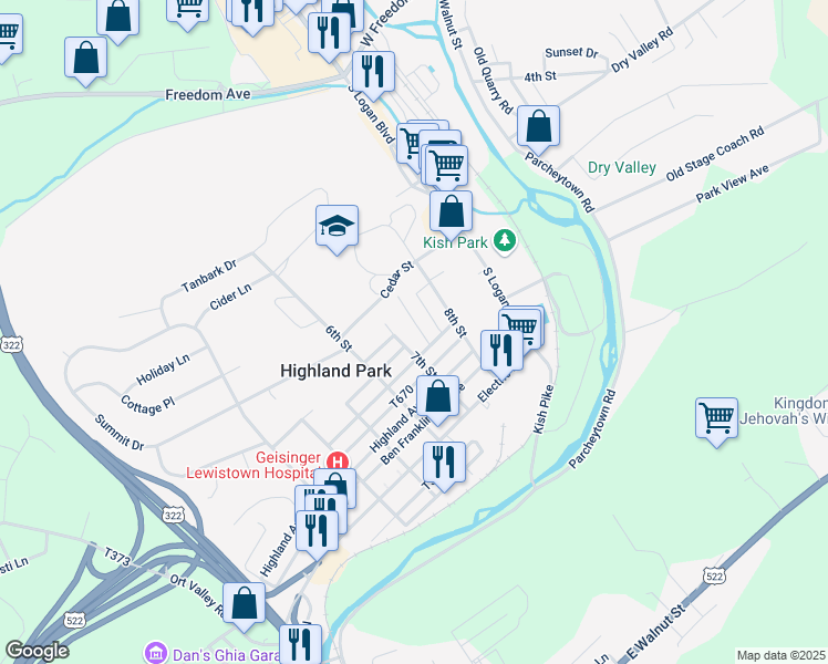 map of restaurants, bars, coffee shops, grocery stores, and more near 13 Laurel Street in Lewistown