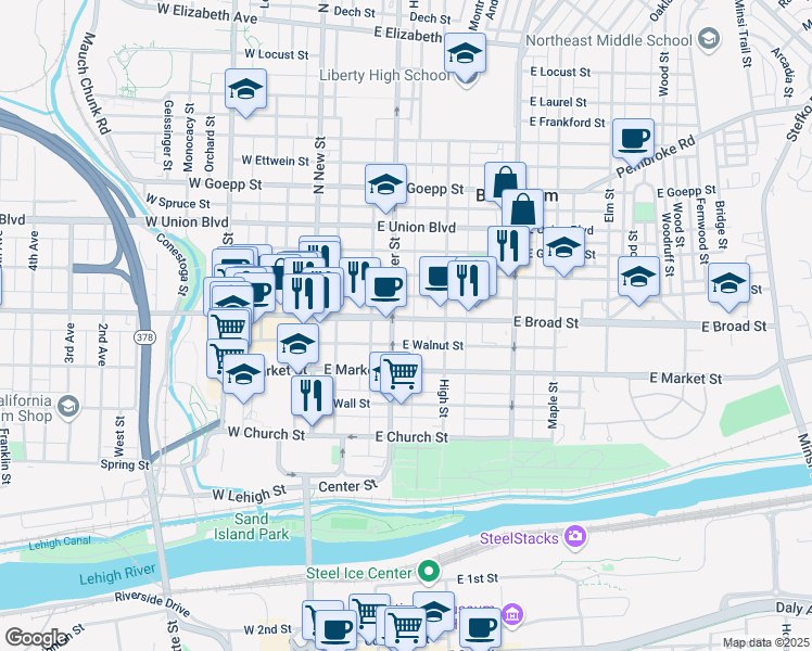 map of restaurants, bars, coffee shops, grocery stores, and more near 112 East Broad Street in Bethlehem