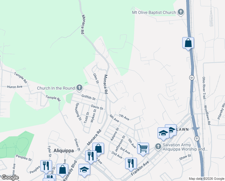 map of restaurants, bars, coffee shops, grocery stores, and more near 516 Elizabeth Street in Aliquippa