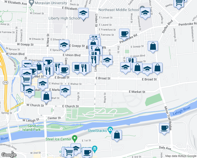 map of restaurants, bars, coffee shops, grocery stores, and more near 312 East Broad Street in Bethlehem
