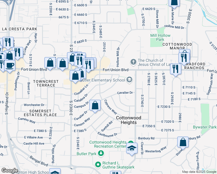 map of restaurants, bars, coffee shops, grocery stores, and more near 2536 Campus Drive in Cottonwood Heights