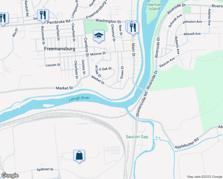 map of restaurants, bars, coffee shops, grocery stores, and more near 176 Market Street in Freemansburg