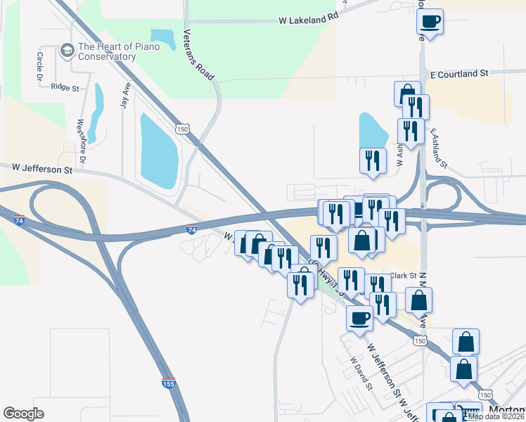 map of restaurants, bars, coffee shops, grocery stores, and more near 1299 West Jackson Street in Morton
