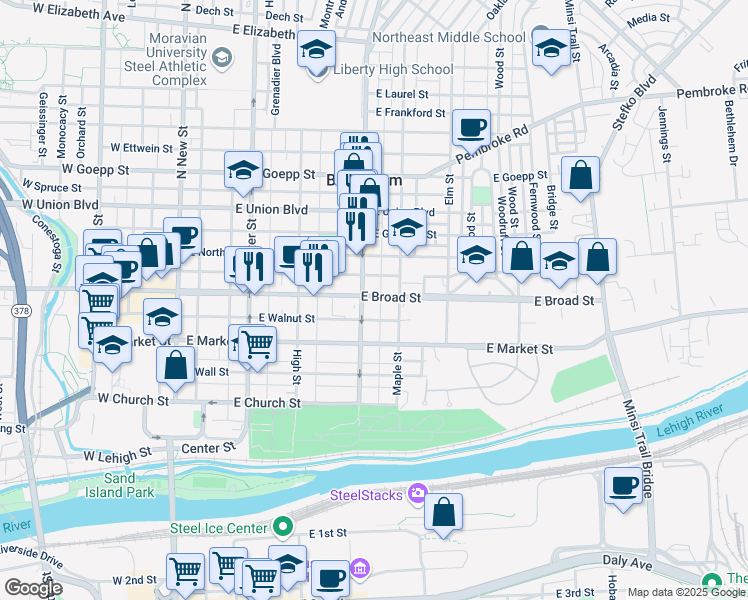 map of restaurants, bars, coffee shops, grocery stores, and more near 312 East Broad Street in Bethlehem