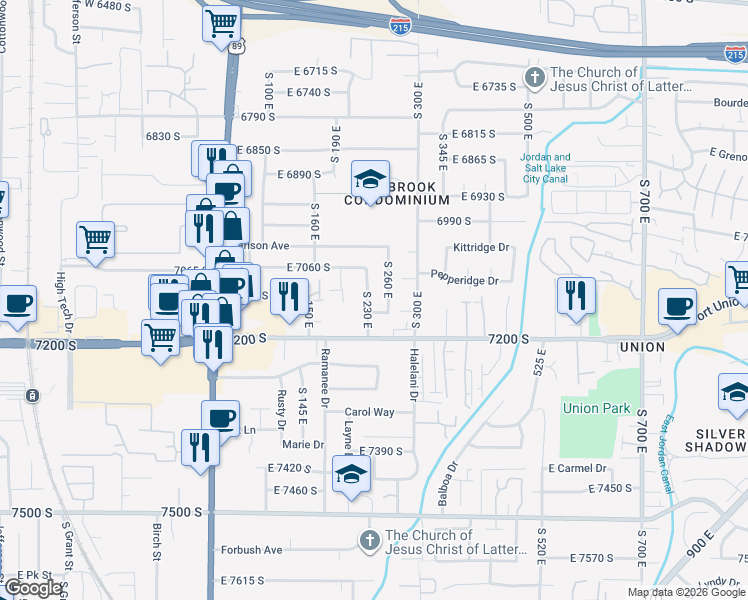 map of restaurants, bars, coffee shops, grocery stores, and more near 7097 South 230 East in Midvale