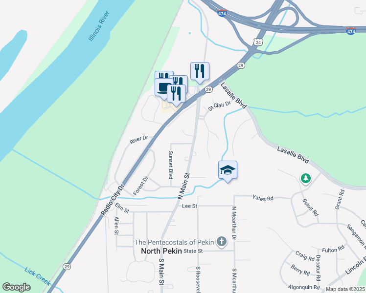 map of restaurants, bars, coffee shops, grocery stores, and more near 333 North Main Street in North Pekin