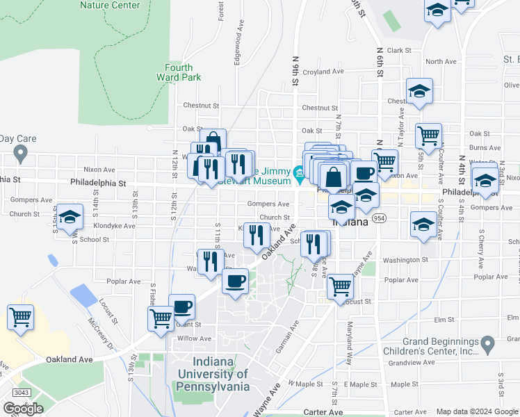 map of restaurants, bars, coffee shops, grocery stores, and more near 43 South 10th Street in Indiana
