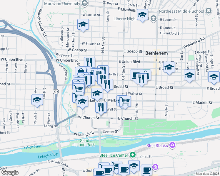 map of restaurants, bars, coffee shops, grocery stores, and more near 44 East Broad Street in Bethlehem