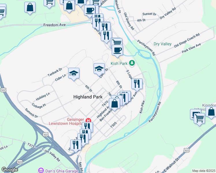 map of restaurants, bars, coffee shops, grocery stores, and more near 13 Laurel Street in Lewistown