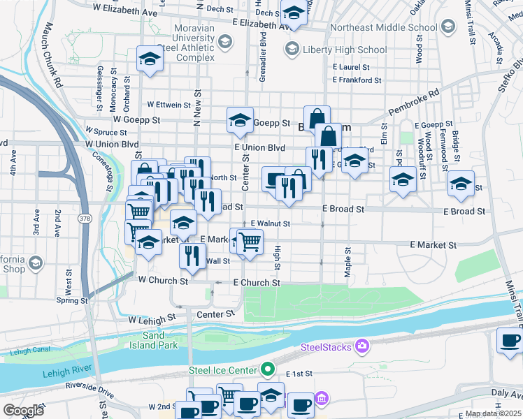 map of restaurants, bars, coffee shops, grocery stores, and more near 126 East Broad Street in Bethlehem