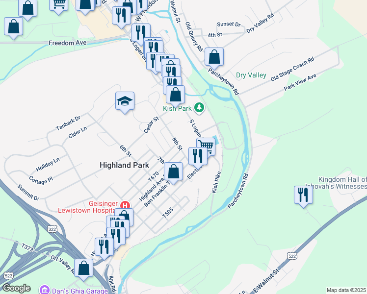 map of restaurants, bars, coffee shops, grocery stores, and more near 126 8th Street in Lewistown