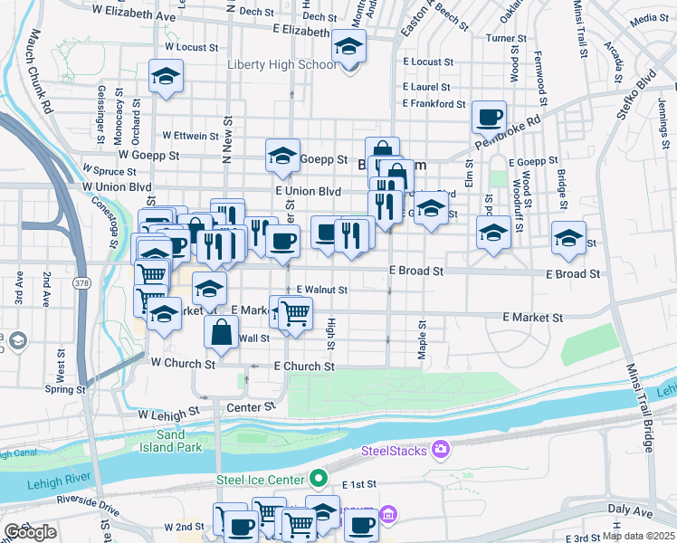 map of restaurants, bars, coffee shops, grocery stores, and more near 204 East Broad Street in Bethlehem