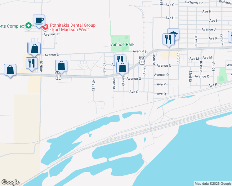 map of restaurants, bars, coffee shops, grocery stores, and more near 1703 39th Street in Fort Madison