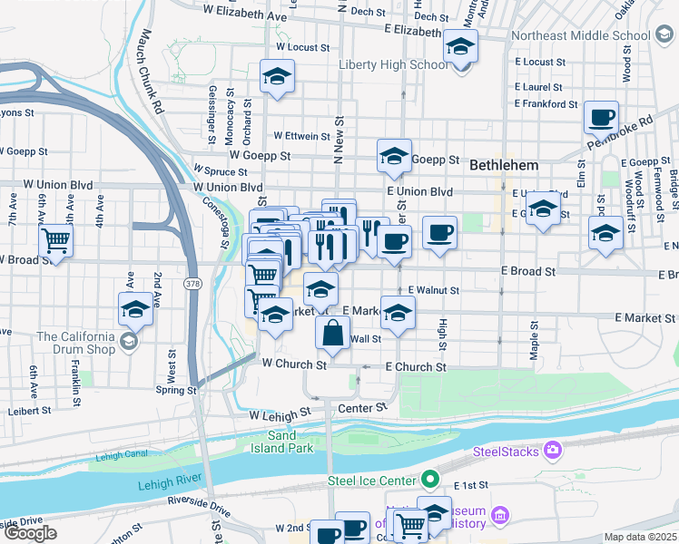 map of restaurants, bars, coffee shops, grocery stores, and more near 2 East Broad Street in Bethlehem