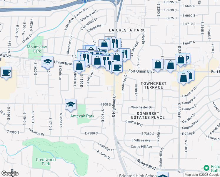 map of restaurants, bars, coffee shops, grocery stores, and more near 7138 South Highland Drive in Salt Lake City