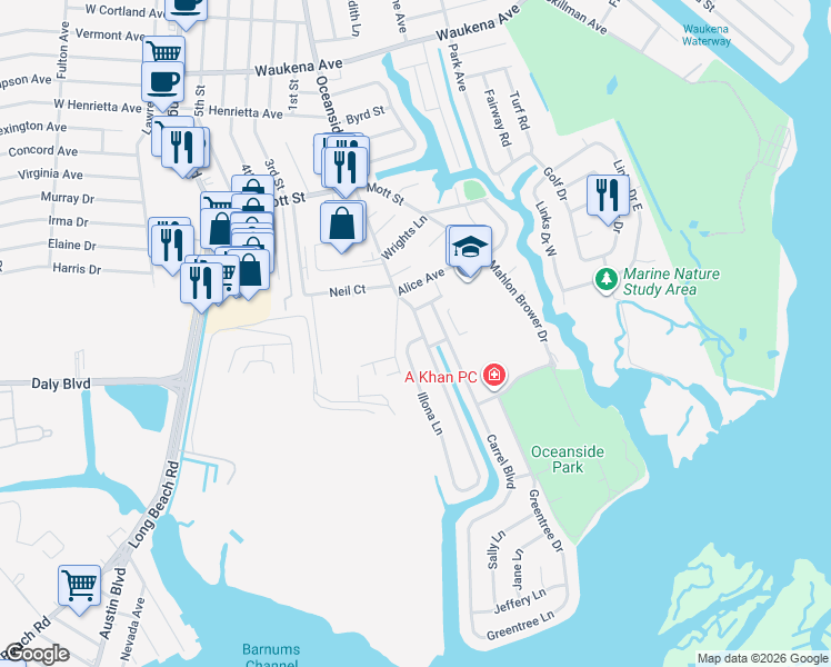 map of restaurants, bars, coffee shops, grocery stores, and more near 3683 Illona Lane in Oceanside