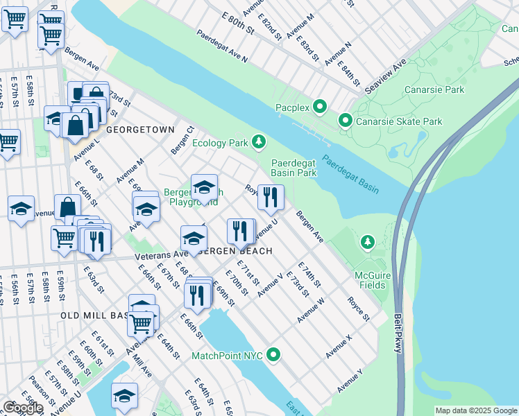 map of restaurants, bars, coffee shops, grocery stores, and more near 2057 East 73rd Street in Brooklyn