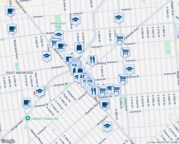 map of restaurants, bars, coffee shops, grocery stores, and more near 1601 East 43rd Street in Brooklyn