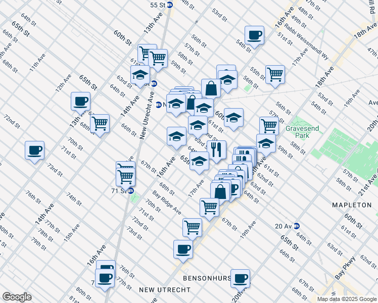 map of restaurants, bars, coffee shops, grocery stores, and more near 1647 65th Street in Brooklyn