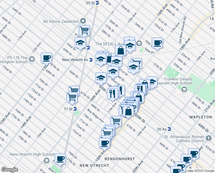 map of restaurants, bars, coffee shops, grocery stores, and more near 1647 65th Street in Brooklyn
