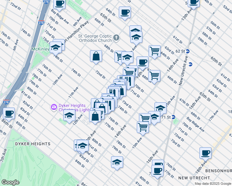 map of restaurants, bars, coffee shops, grocery stores, and more near 1268 73rd Street in Brooklyn