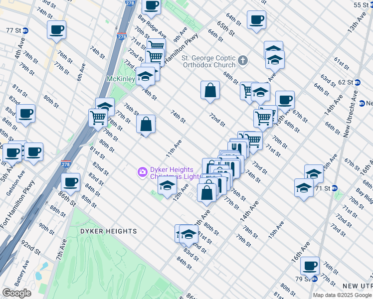 map of restaurants, bars, coffee shops, grocery stores, and more near 1140 76th Street in Brooklyn