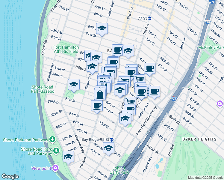 map of restaurants, bars, coffee shops, grocery stores, and more near 321 89th Street in Brooklyn