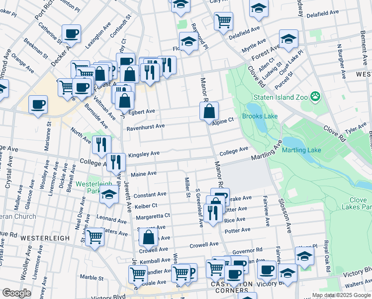 map of restaurants, bars, coffee shops, grocery stores, and more near 195 College Avenue in Staten Island