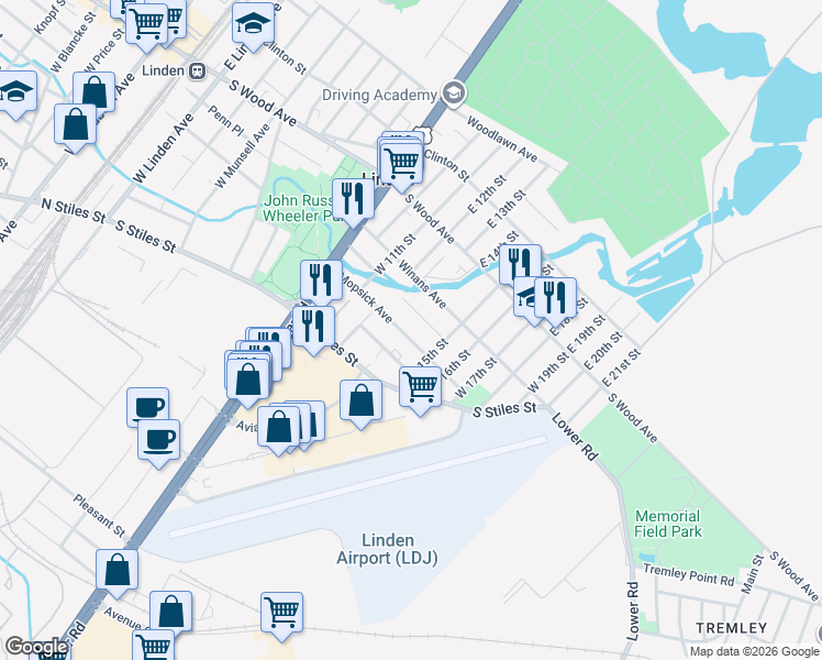 map of restaurants, bars, coffee shops, grocery stores, and more near 1408 Mopsick Avenue in Linden