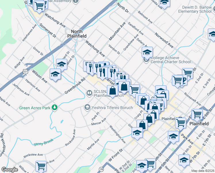 map of restaurants, bars, coffee shops, grocery stores, and more near 33 Linden Avenue in North Plainfield
