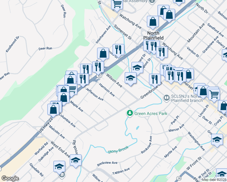 map of restaurants, bars, coffee shops, grocery stores, and more near 37 Harrison Avenue in North Plainfield