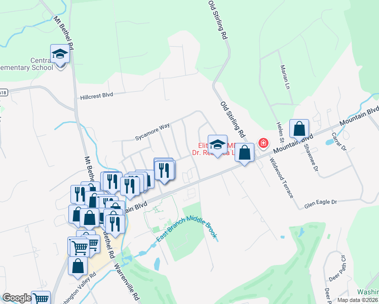 map of restaurants, bars, coffee shops, grocery stores, and more near 4 Puddingstone Way in Warren