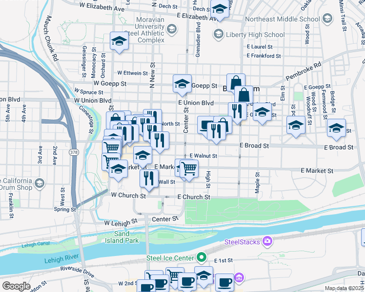 map of restaurants, bars, coffee shops, grocery stores, and more near 528 Center Street in Bethlehem