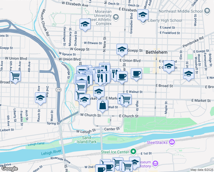 map of restaurants, bars, coffee shops, grocery stores, and more near 538 North New Street in Bethlehem