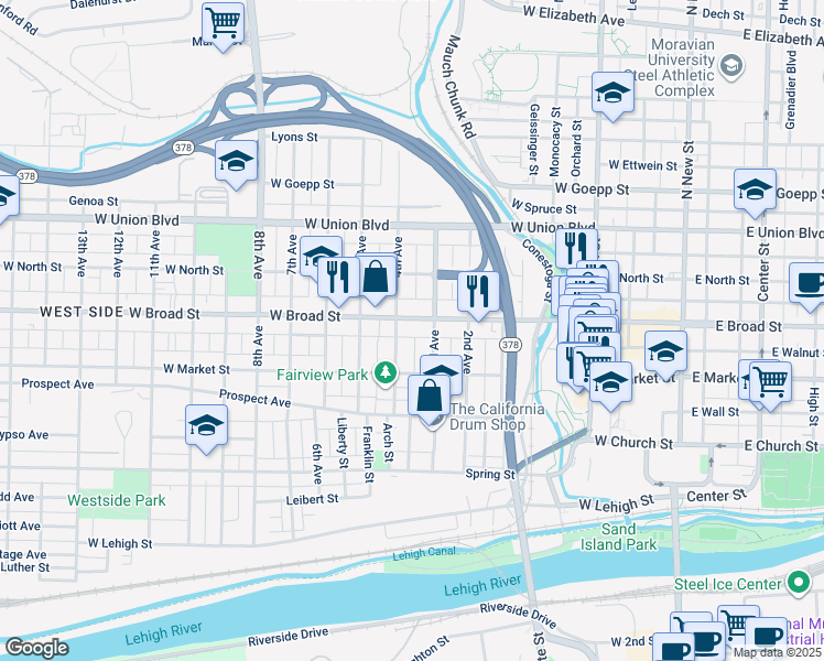 map of restaurants, bars, coffee shops, grocery stores, and more near 521 3rd Avenue in Bethlehem