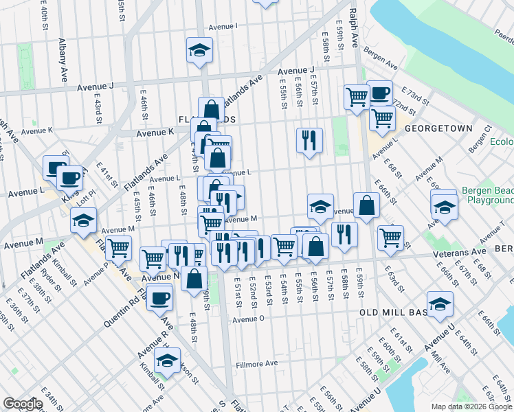 map of restaurants, bars, coffee shops, grocery stores, and more near 5220 Avenue M in Brooklyn