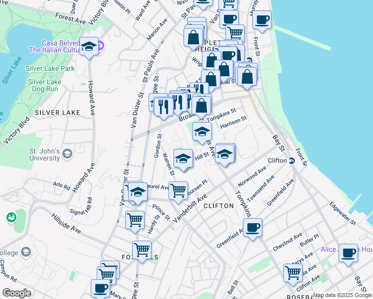 map of restaurants, bars, coffee shops, grocery stores, and more near 75 Hill Street in Staten Island