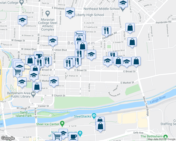 map of restaurants, bars, coffee shops, grocery stores, and more near 370 East Broad Street in Bethlehem