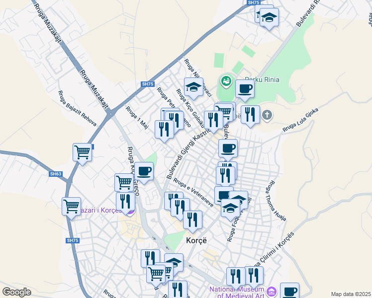 map of restaurants, bars, coffee shops, grocery stores, and more near Bulevardi Gjergj Kastrioti in Korçë