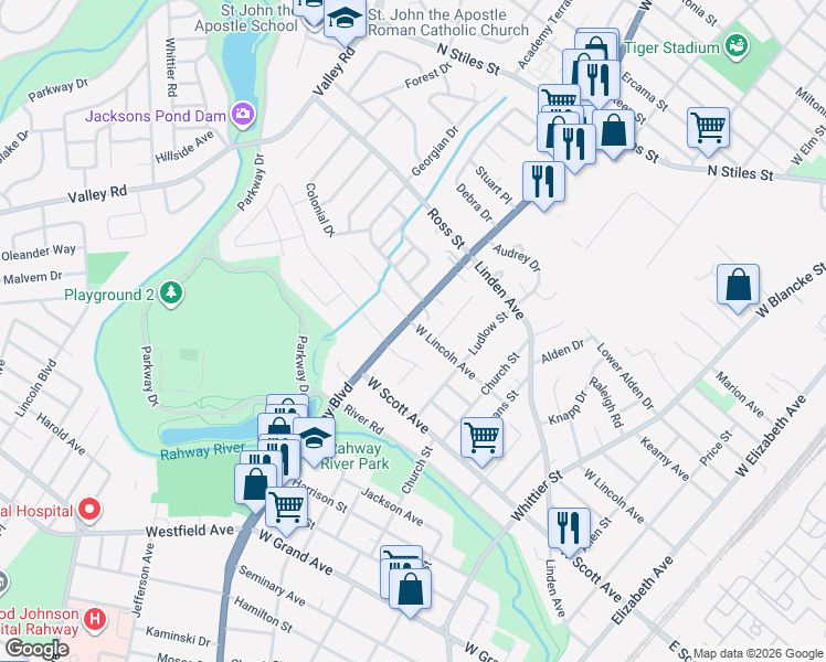 map of restaurants, bars, coffee shops, grocery stores, and more near 777 Rodgers Court in Rahway
