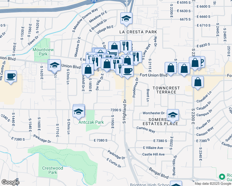 map of restaurants, bars, coffee shops, grocery stores, and more near 7098 Highland Drive in Cottonwood Heights