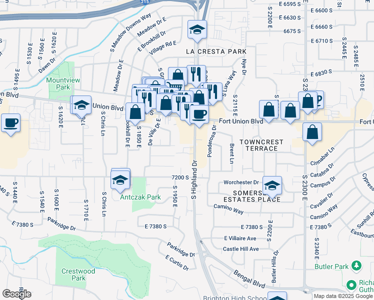 map of restaurants, bars, coffee shops, grocery stores, and more near 7108 South Highland Drive in Cottonwood Heights