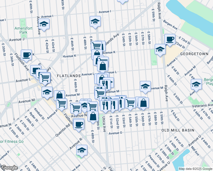 map of restaurants, bars, coffee shops, grocery stores, and more near 5023 Avenue M in Brooklyn