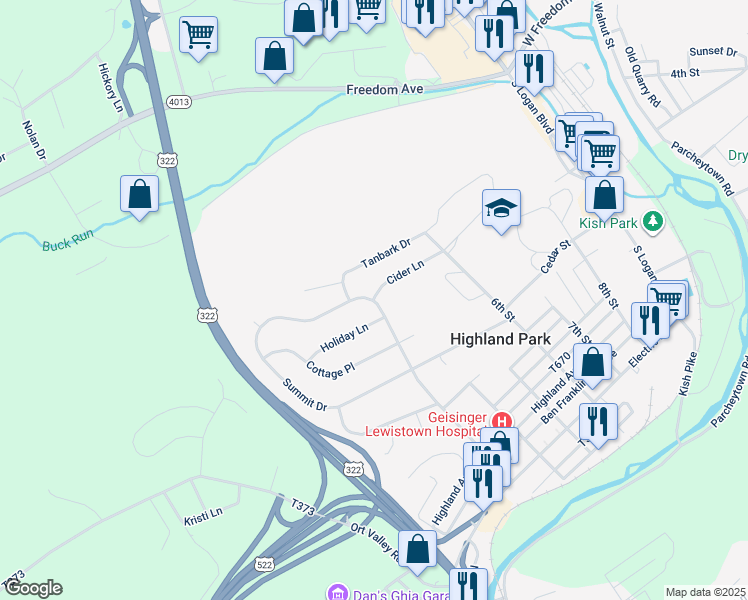 map of restaurants, bars, coffee shops, grocery stores, and more near 201 Cider Lane in Lewistown