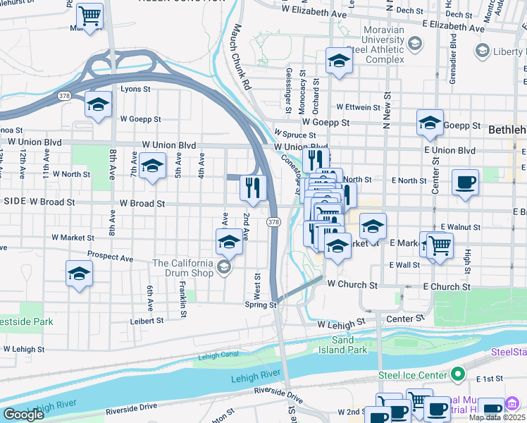 map of restaurants, bars, coffee shops, grocery stores, and more near 527 1st Avenue in Bethlehem