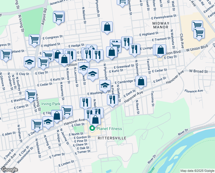 map of restaurants, bars, coffee shops, grocery stores, and more near 751 North Plymouth Street in Allentown