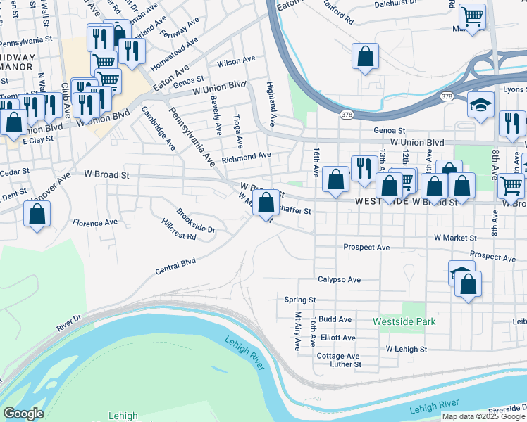 map of restaurants, bars, coffee shops, grocery stores, and more near 1826 West Market Street in Bethlehem