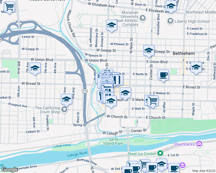 map of restaurants, bars, coffee shops, grocery stores, and more near 77 West Broad Street in Bethlehem