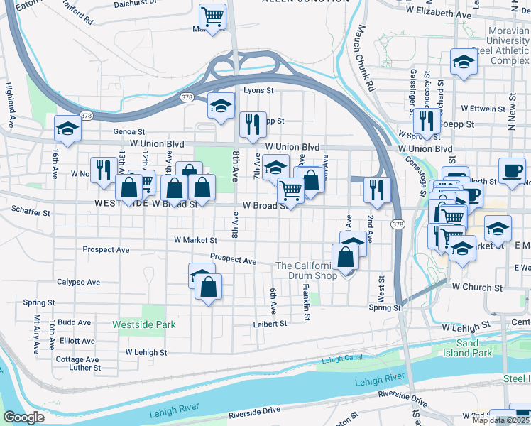 map of restaurants, bars, coffee shops, grocery stores, and more near 719 West Broad Street in Bethlehem